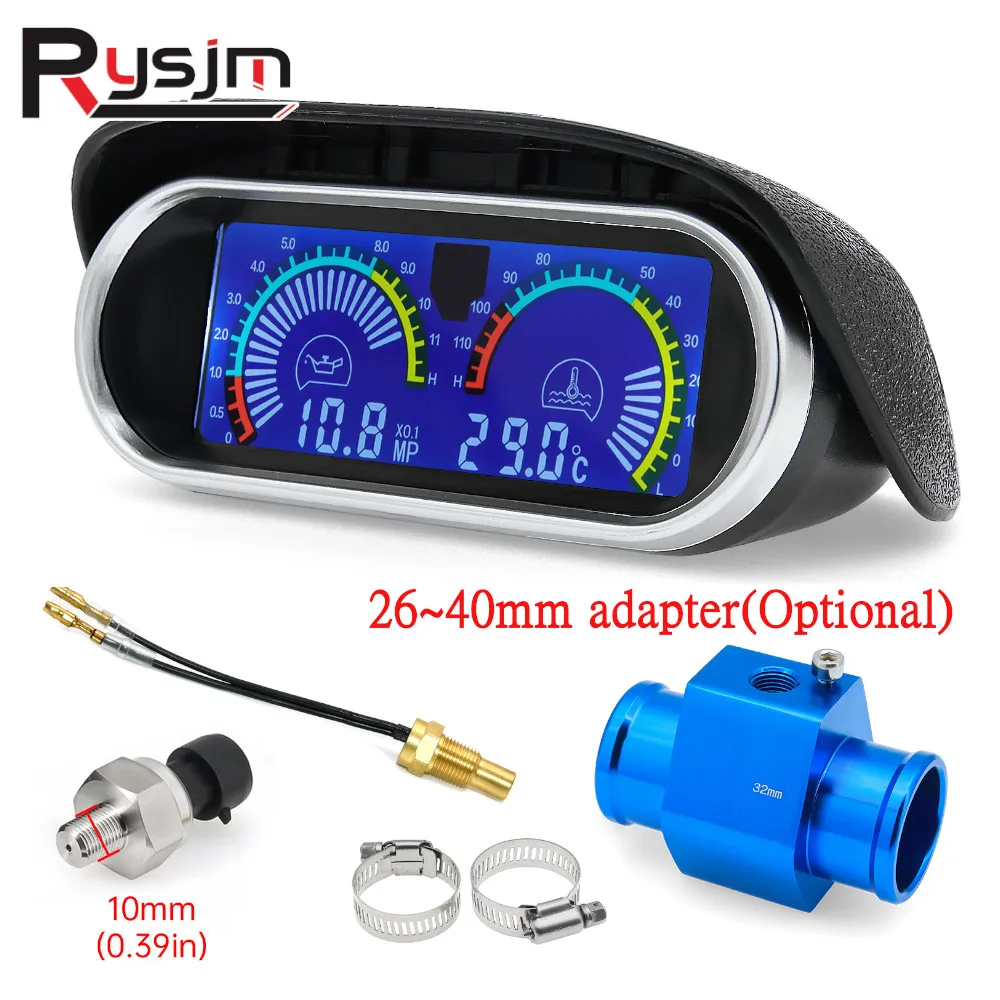 2 Functions Digital Oil Pressure Water Temperature Gauges + Water Temp Adapter Radiator Hose Water Temp Sensor Oil Press Sensors