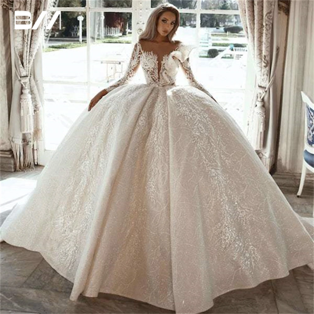 Embroidery Ball Gown Wedding Dresses For Women 2024 Sheer Long Sleeves Beads Bride Dress Plus Size Bridal Gown Robe De Mariee