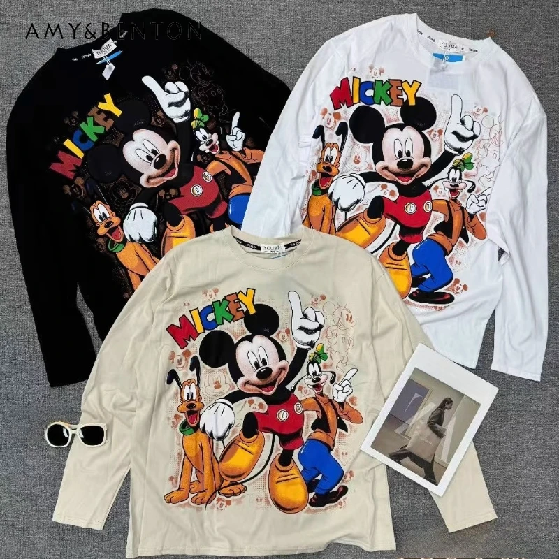 

Korean Style Fashion Trend American Casual Retro Cartoon Print Long Sleeves T-shirt Loose Slimming Versatile Pullover Tshirts