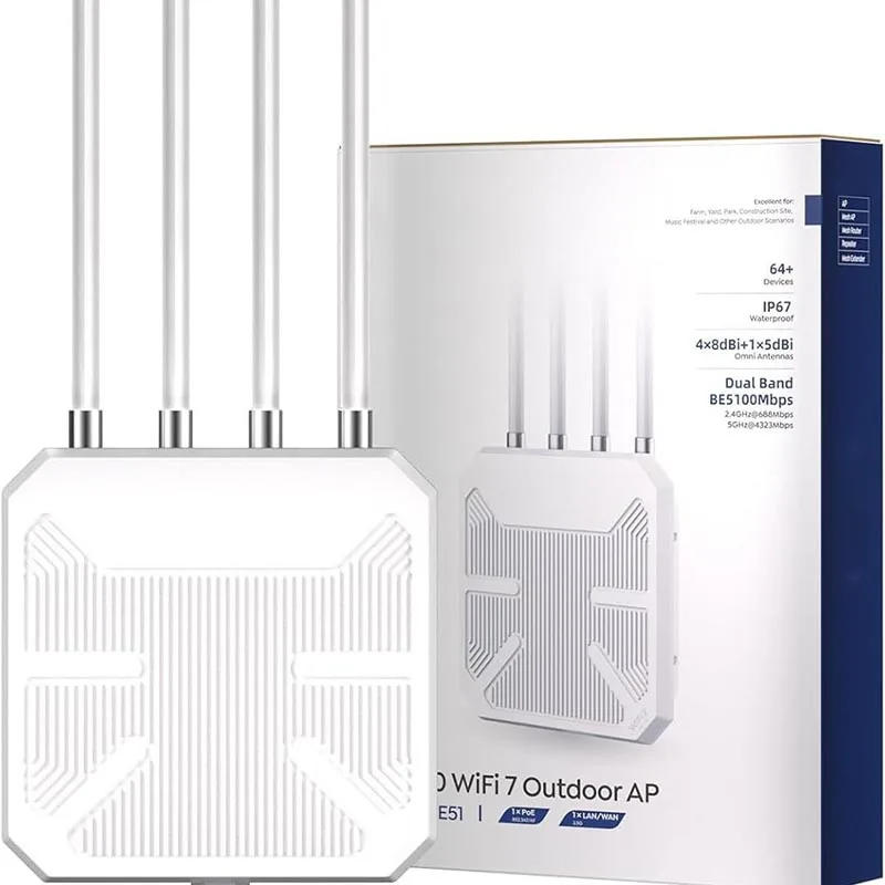 BE5100 WiFi7 Outdoor Access Point Dual Band Long Range WiFi Router IP67 Waterproof PoE Powered Wireless Mesh Extender