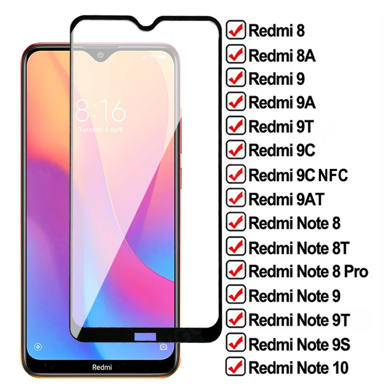 Verre de Protection 9D pour Xiaomi Redmi 8A 9A 9AT 9C, protecteur d'écran trempé NFC Redmi Note 8 9 10 Pro 8T 9T 9S, Film de Protection