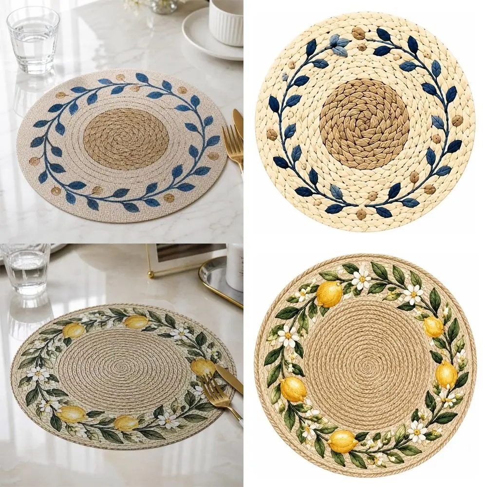 14.96in Printed Placemats Flower Printed Pattern Round Shape Imitation Rattan Placemats 2D Flat Anti-slip Round Table Mats