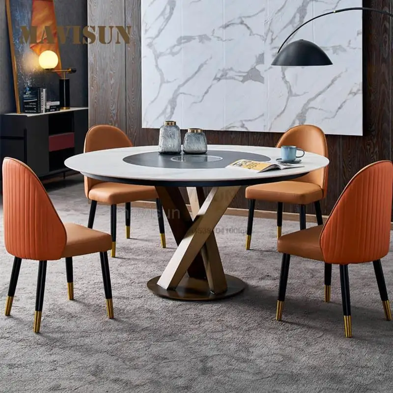 Imported Circle Rock Slab Dining Table With Embedded Turntable High-End Kitchen Table And Four Chairs Particle Home Furniture