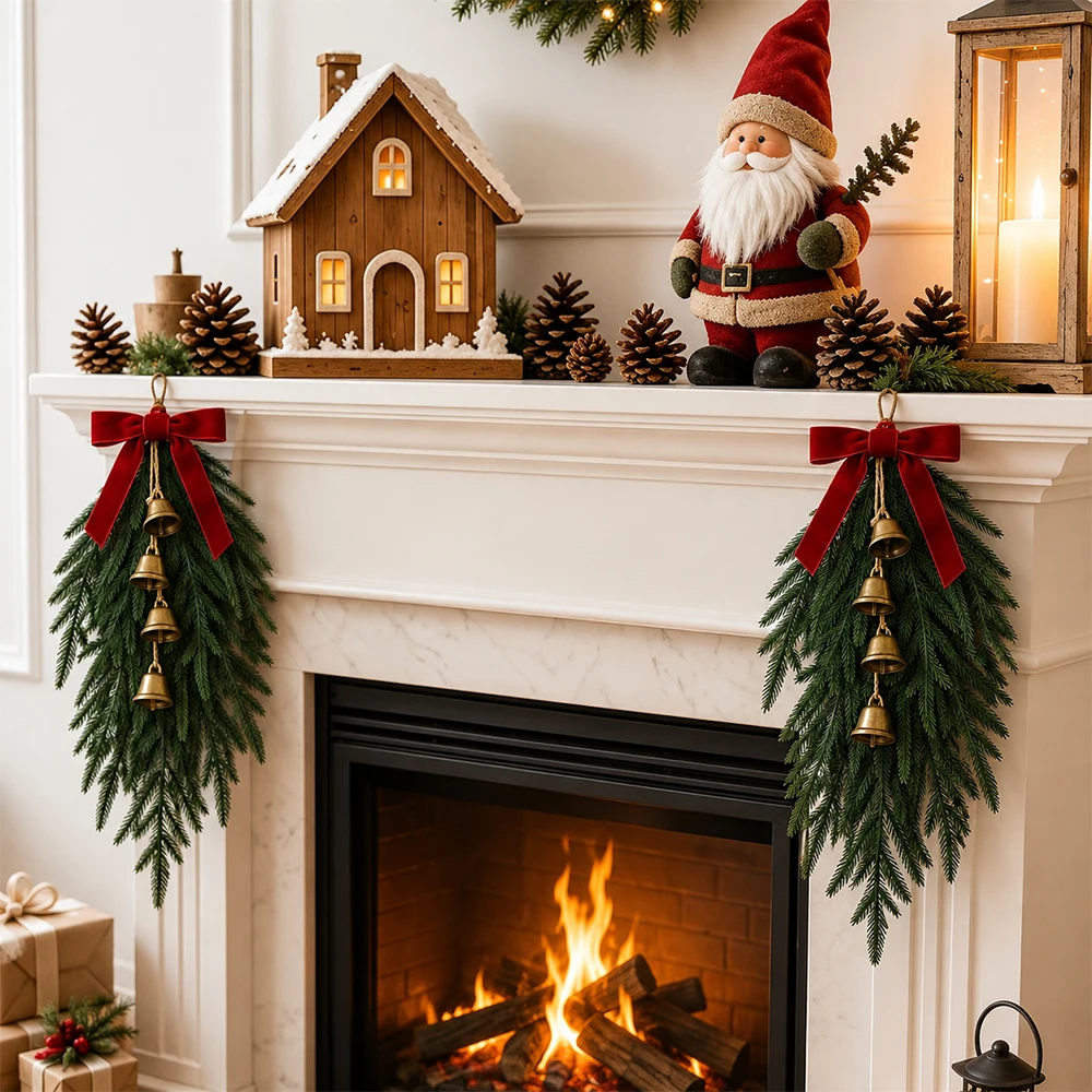 20 Zoll künstliche Weihnachts-Hängedekoration mit roter Samtschleife und Glöckchen, künstliche Kieferngrün für Weihnachtstür, Heimdekoration, Feiertagsdekoration, Navidad-Dekor – Detail 5