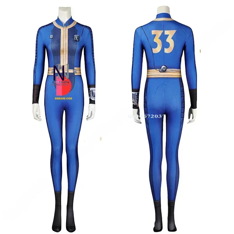 Cos Lucy Cosplay Costume Vault 33 Female Suit Jumpsuit Blue Uniform Arm Props Women Elegant Halloween Party Anime Outfit Popular