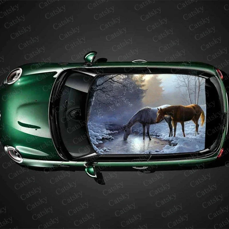 Animal Winter Horse Car Roof Sticker Decoration Film SUV Decal Hood Vinyl Decal Graphic Wrap Vehicle Protect Accessories Gift