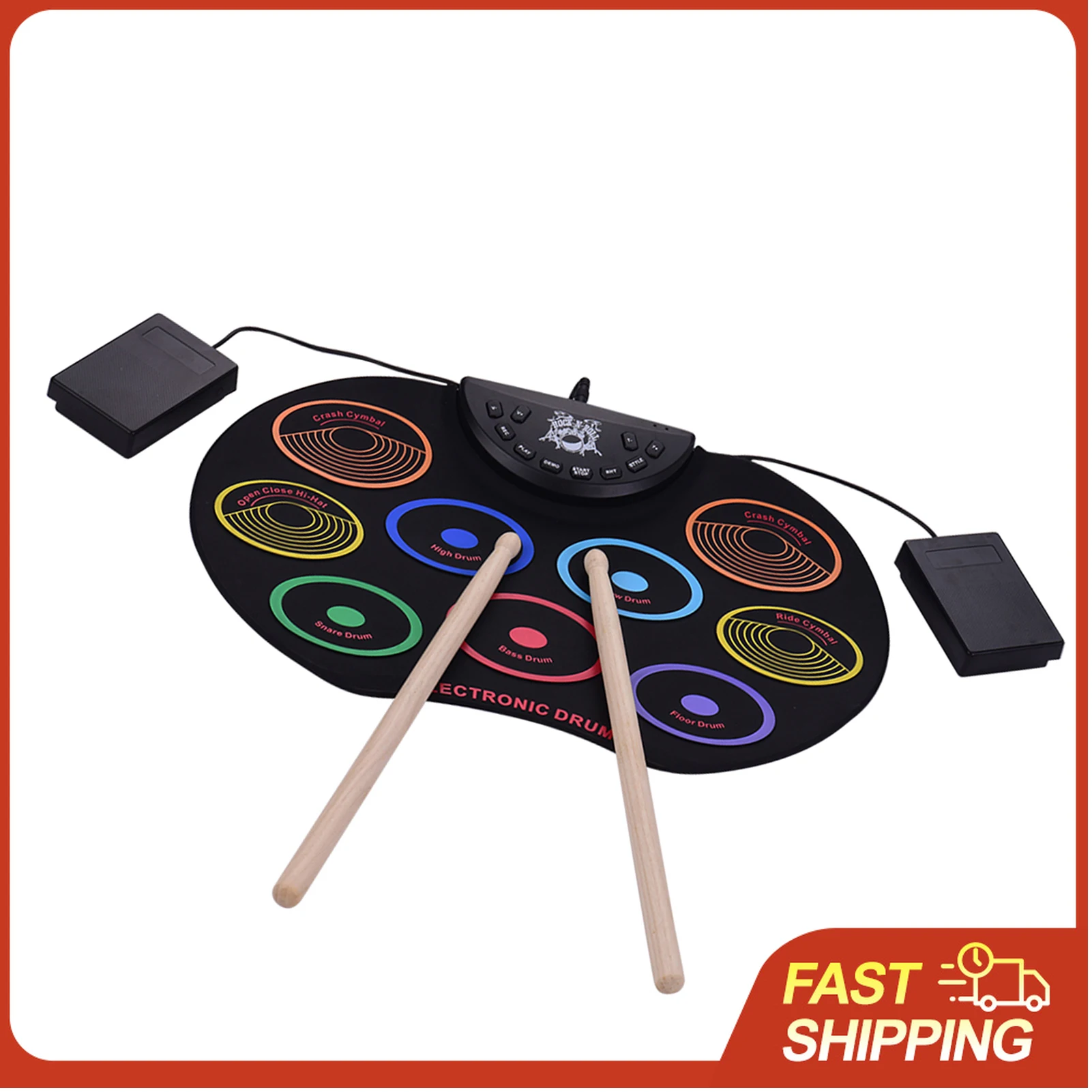 

KD12 Compact Size Roll-Up Drum Set Electronic Drum Kit 9 Silicon Drum Pads USB/Battery Powered with Drumsticks Foot Pedals