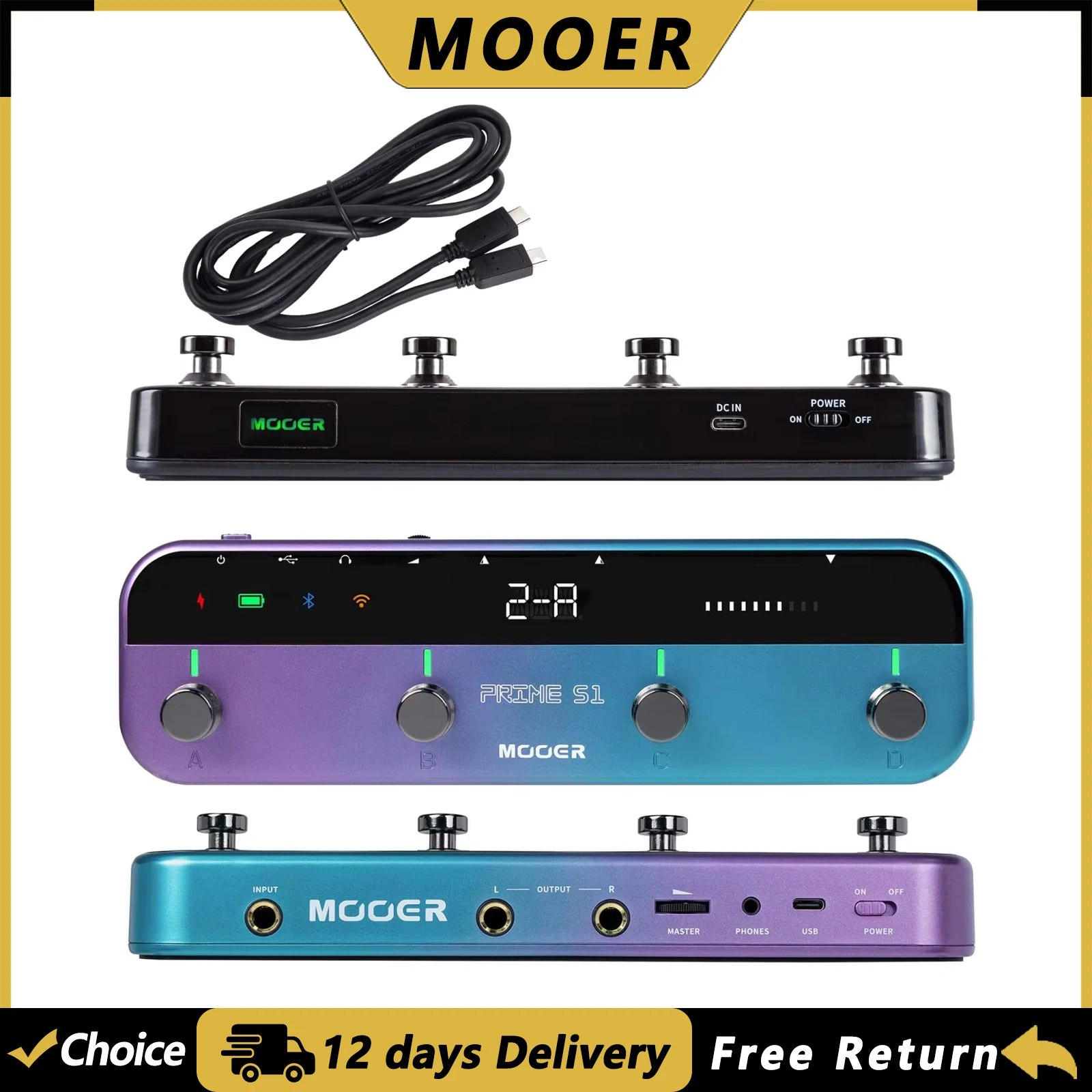 MOOER Prime S1 Guitar Multi-Effect Pedal Rechargeable 128 Effects Drum Machine Tuner 80s Looper Guitar Pedal with Bluetooth
