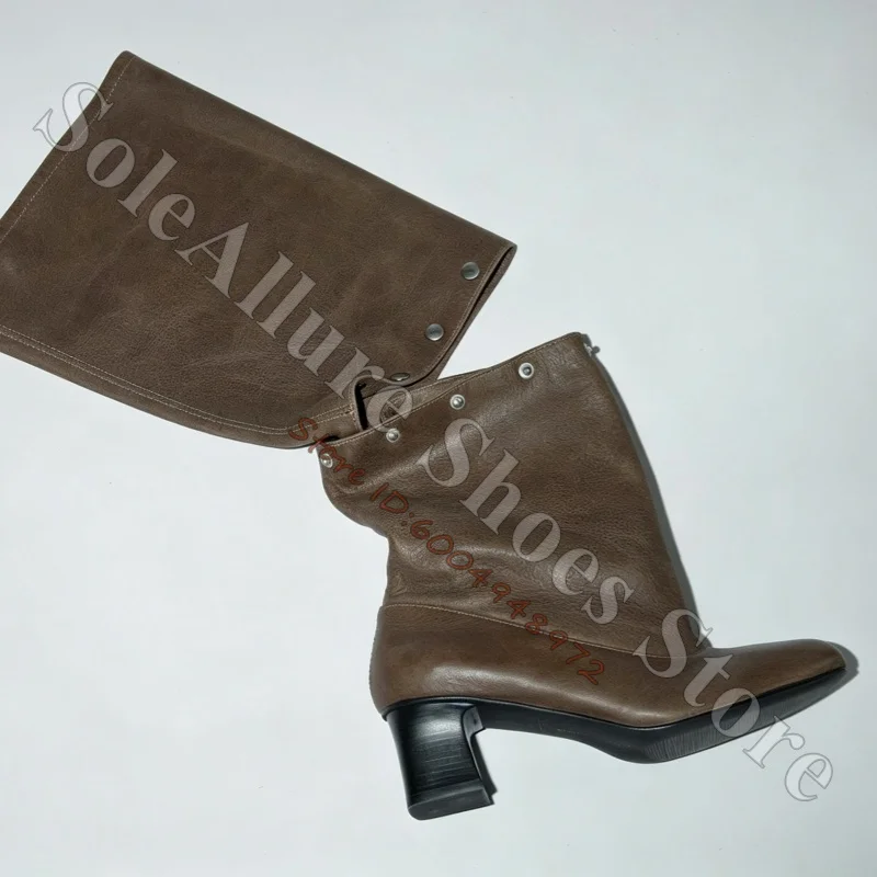 Brown 2 In 1 Boots Square Toe Block Mid Heel Removable Shaft Rivet Design Soft Distressed Leather Knee High Retro Boots