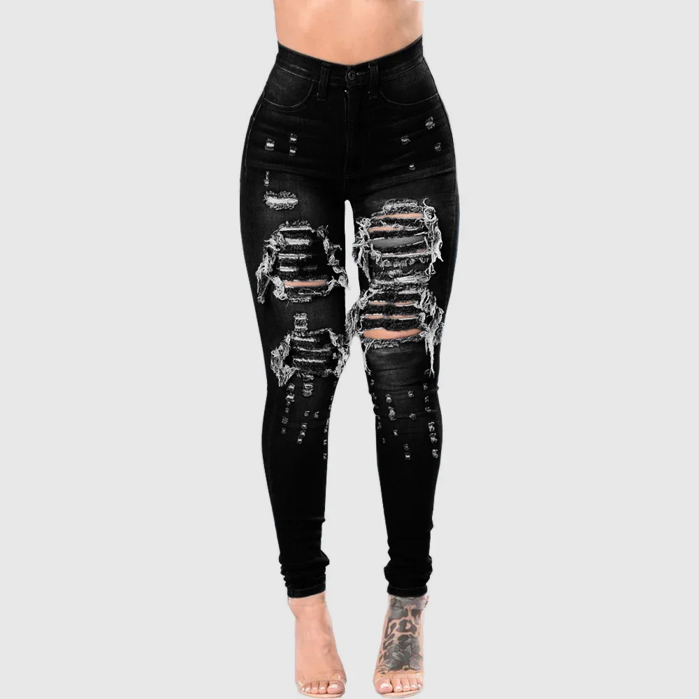 Celana Jeans Wanita Model Pensil Denim Berlubang Sobek Skinny Panjang Se-mata Kaki Stretch Pinggang Tinggi Distressed Washed Streetwear