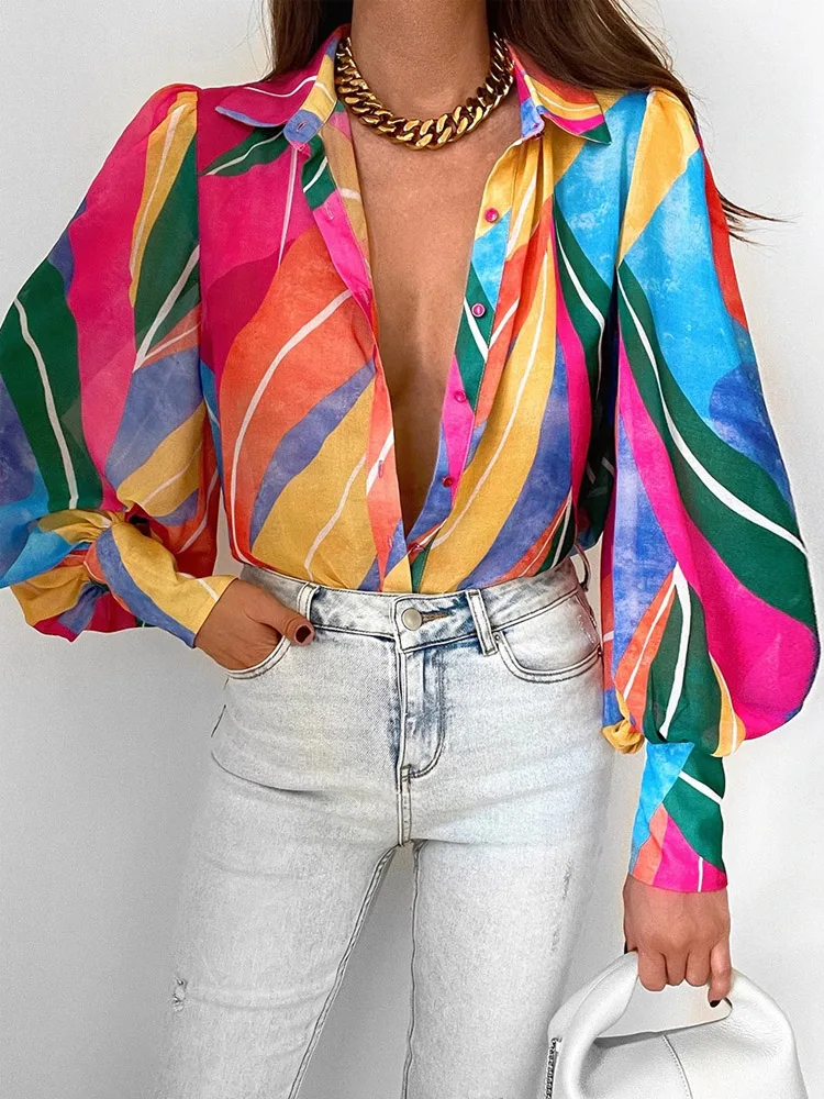 Elegant Lapel Single-breasted Beach Blouse Fashion Pattern Print Loose Shirt Blusa Women Casual Lantern Long Sleeve Cardigan Top