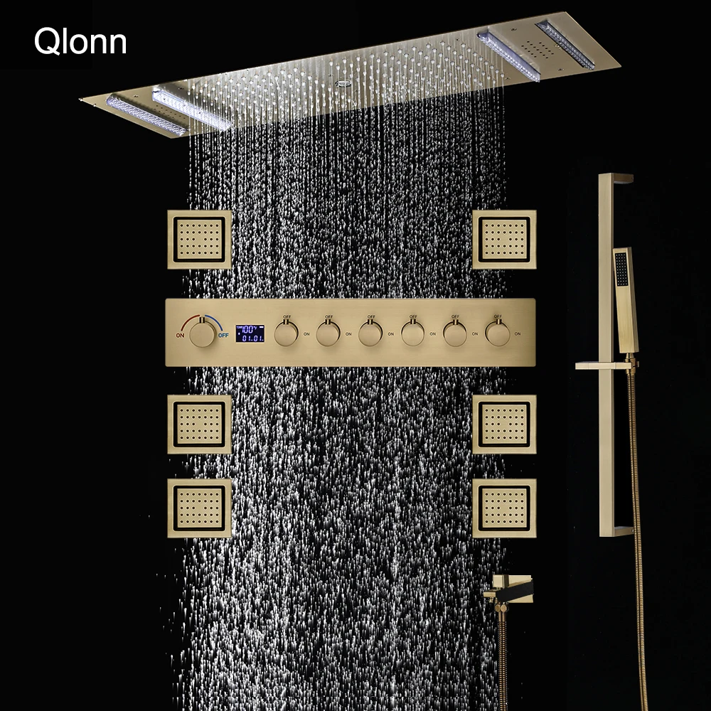 

Qlonn 35*12 Inch Big Gold Smart Shower System Bathroom Hot Cold Mixer Faucet Contemporary Couple Emotional Appeal SPA Shower Set