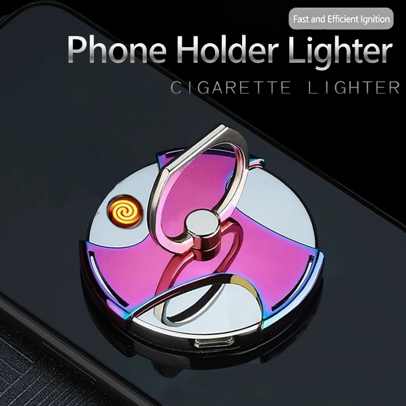 Multifunctional Phone Ring Lighter, Creative USB Rechargeable Windproof Electronic Lighter with Stand Portable Cell Phone Finger