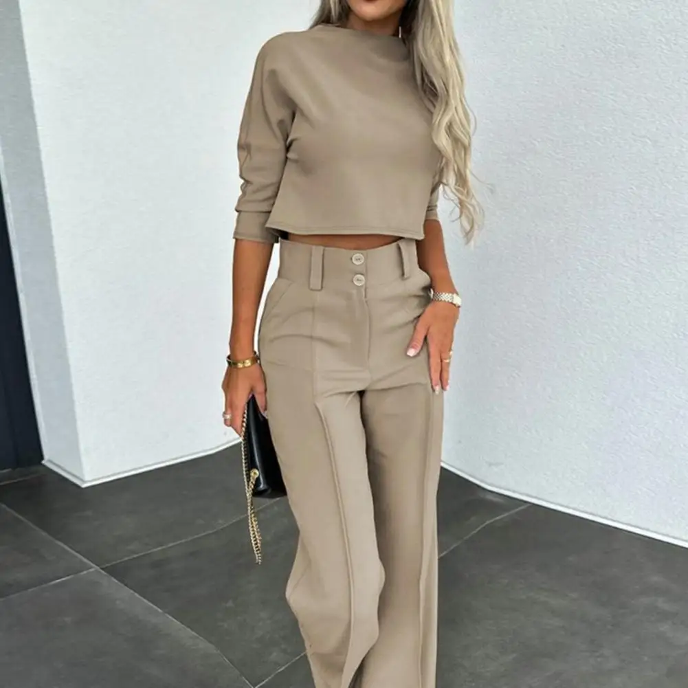 Women Attire Stylish Women's 2-piece Suit Solid Color Wide Leg Pants Crop Top Set for Chic Commute Women Wide-leg Pants