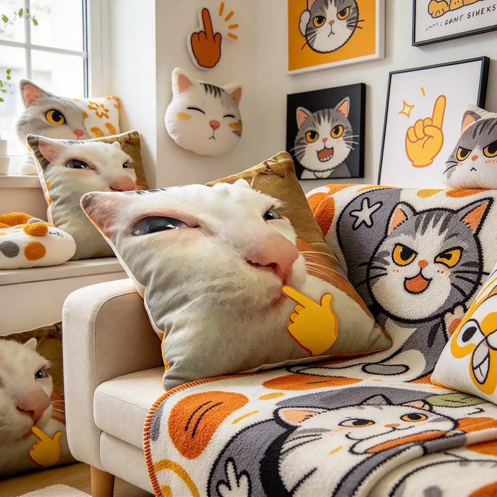 1PC Funny Cat Orange Paw on Head Surprised Meme Pillowcover, Amazed Kitten Meme Cushion, Polyester, Bedroom Sofa Throw