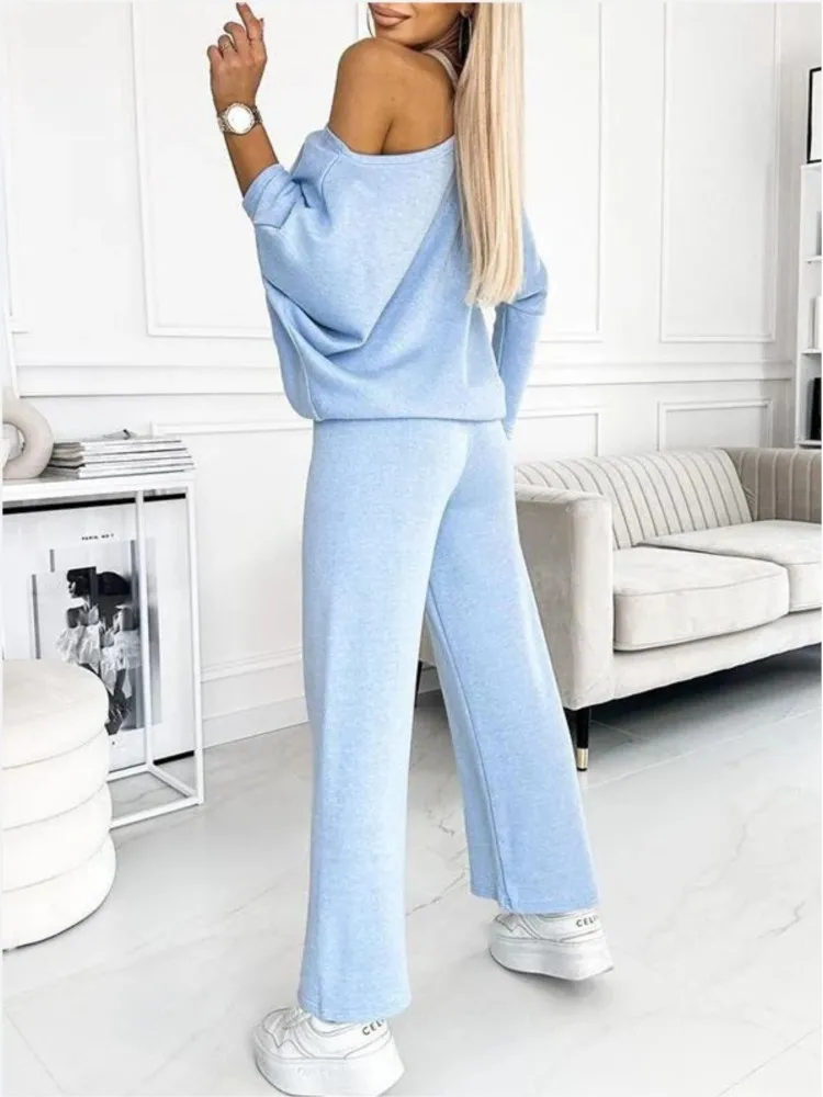 Women Two Piece Sets Trousers Set Loose Casual O Neck Full Sleeve Sets Top Wide Leg Long Pants Elastic Waist Solid Suit Clothing