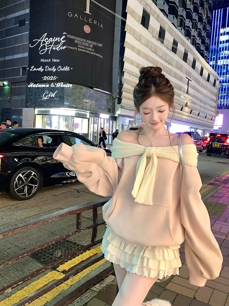 

Pink Fce Lined Thiened Hoodie Women's Winter Loose Slimming Layered Top Korean Sle Long Sve Crew Ne Sweatirt