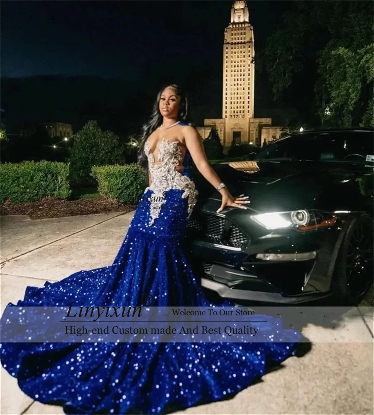 Royal Blue Sequins Beaded Appliques Prom Dresses For Black Girls Sheer Neck Sweep Train Mermaid Evening Gowns Long Party Dress