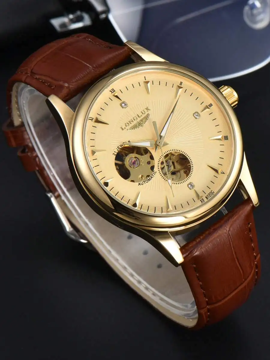 

Мужские автоматические механические часы золотистого цвета с коричневым кожаным ремешком и циферблатом-скелетоном