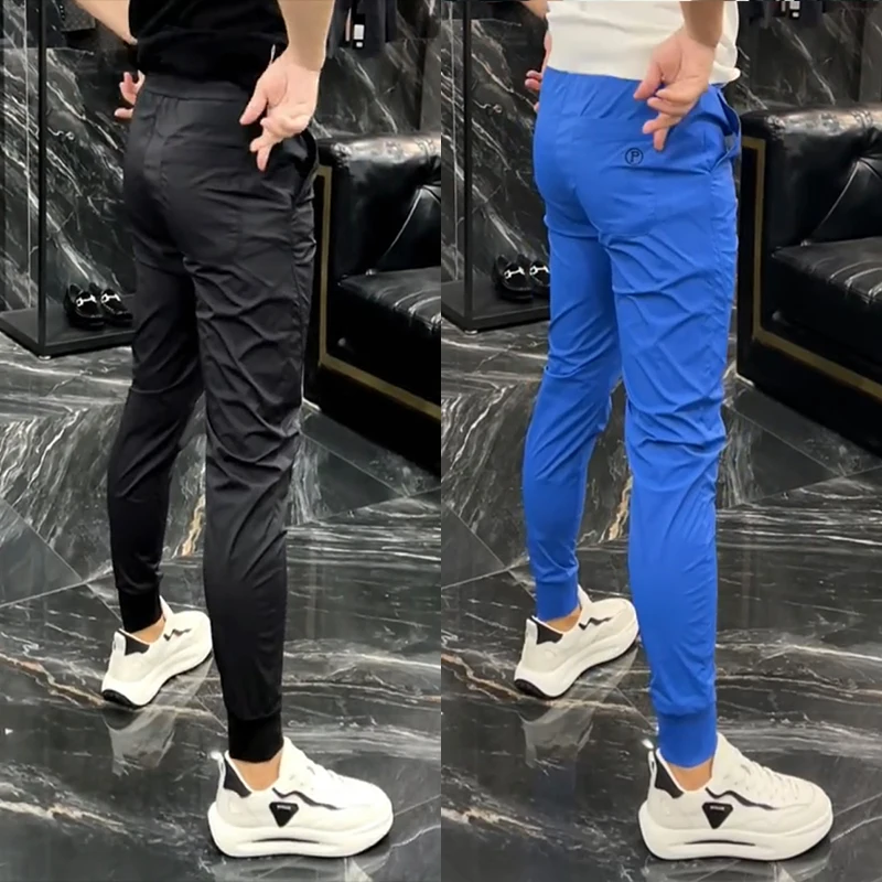 

Qui Dry Summer Thin Casual Pants Men's Trendy Brand Slim Fit Elastic Air Conditioning Pants Pure Color Embroidery Cuffed Sp...