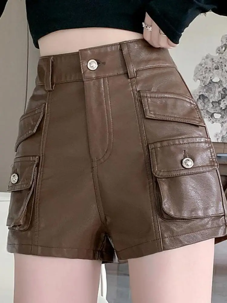 Moda coreana outono inverno preto couro do plutônio elegante fino workwear shorts feminino marrom sexy clube alta wiast envoltório hip calças curtas