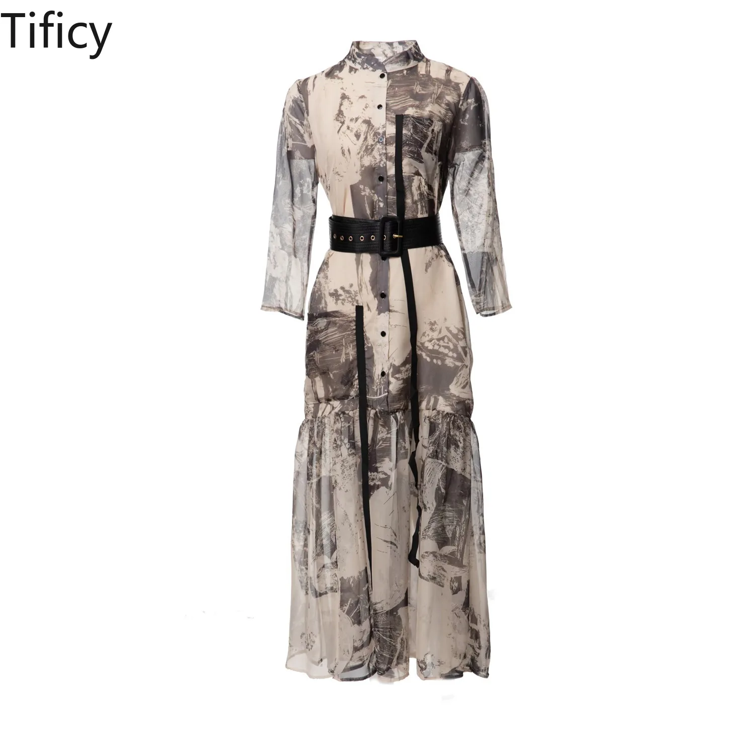 High Quality 2024 Spring/Summer New Women's Standing Neck Long Sleeved Abstract Chiffon Printed Single Breasted Lace Up Dresses