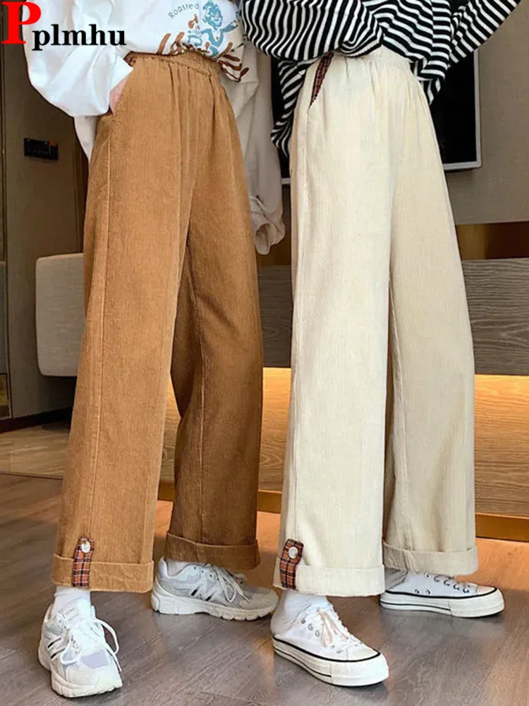 

Women Corduroy Loose Wide Leg Pants Korean Casual Elastic High Waist Baggy Straight Pantalones Cuffs Solid Ankle Length Calca