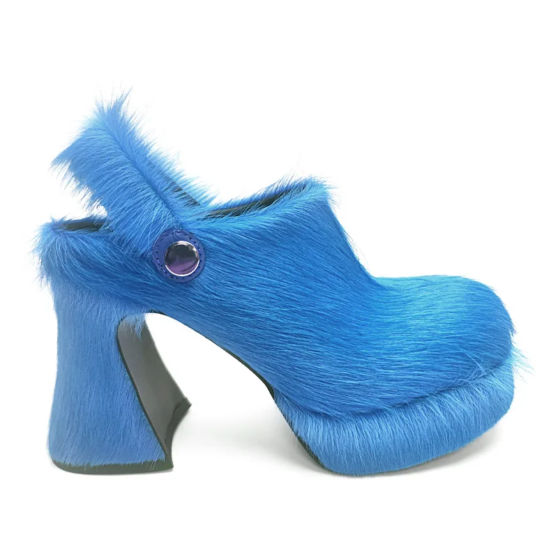 Women's Furry Platform Heels Round Buckle Slingback Chunky Heel Sandals Bold Statement Party & Street Style Footwear