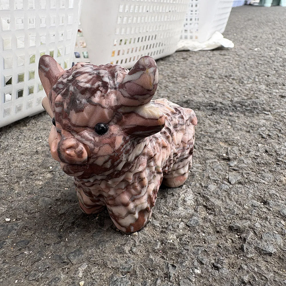 Custom Purple Zebra Jasper Highland Cow Figurine - 8cm Crystal Farm Animal Statue with Inlaid Eyes for Collectible Decor