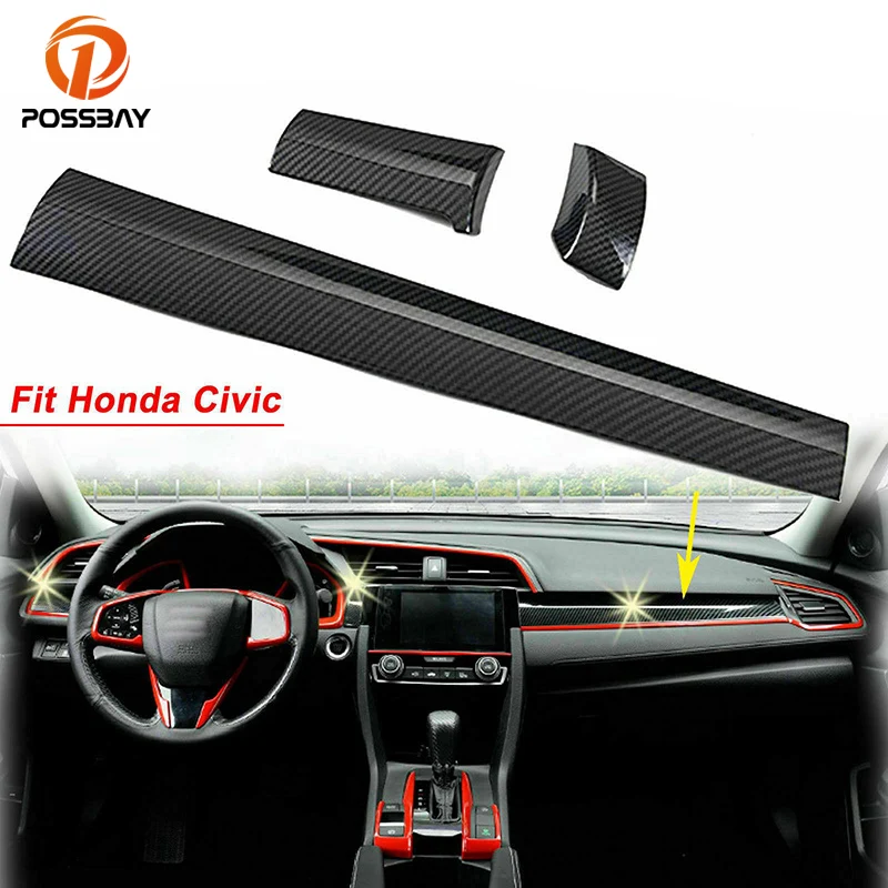 Painel do carro Painel Tampa Guarnição Adesivos, Fibra De Carbono Olhe, Auto Acessórios Interiores, Honda Civic 10th Gen 2016-2021, 3Pcs