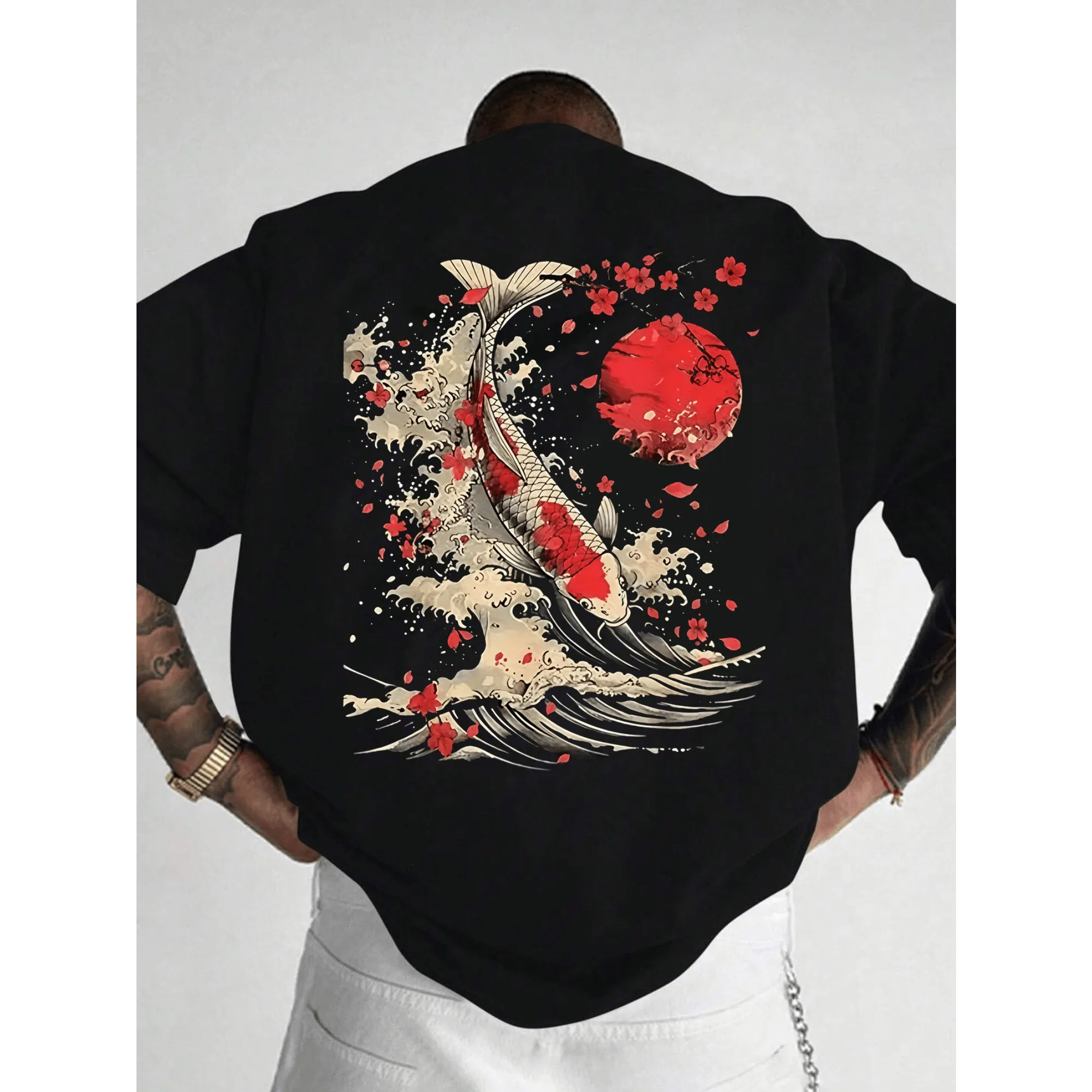 Koi Fish Cherry Blossom Red Sun Graphic T-shirt Men Women Streetwear Short Sleeve Casual Cotton Vintage Harajuku Tops