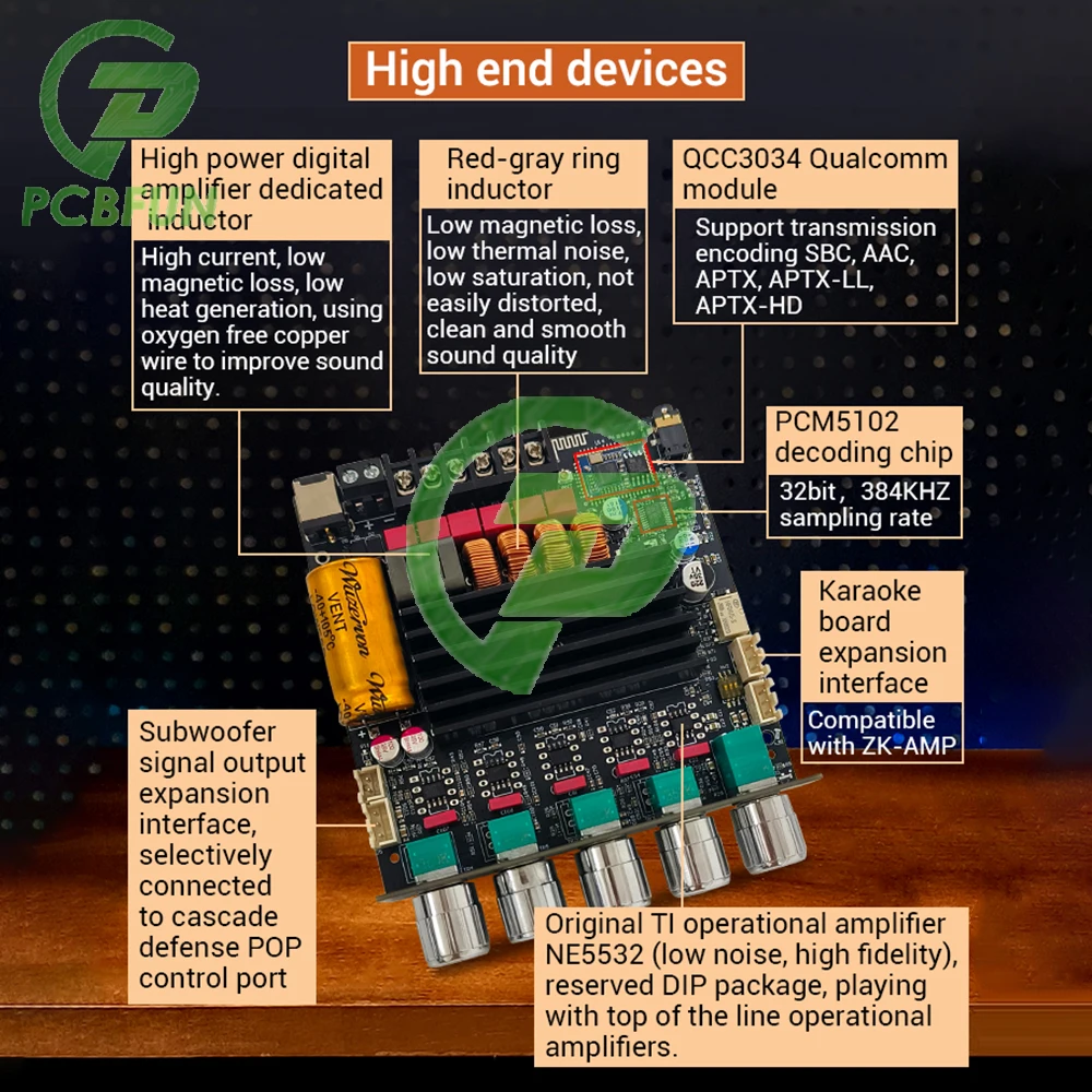 

ZK-TB21Q 2.1 Channel Bluetooth Amplifier Board APTX Lossless Decoding 50W+50W+100W Power Audio Module