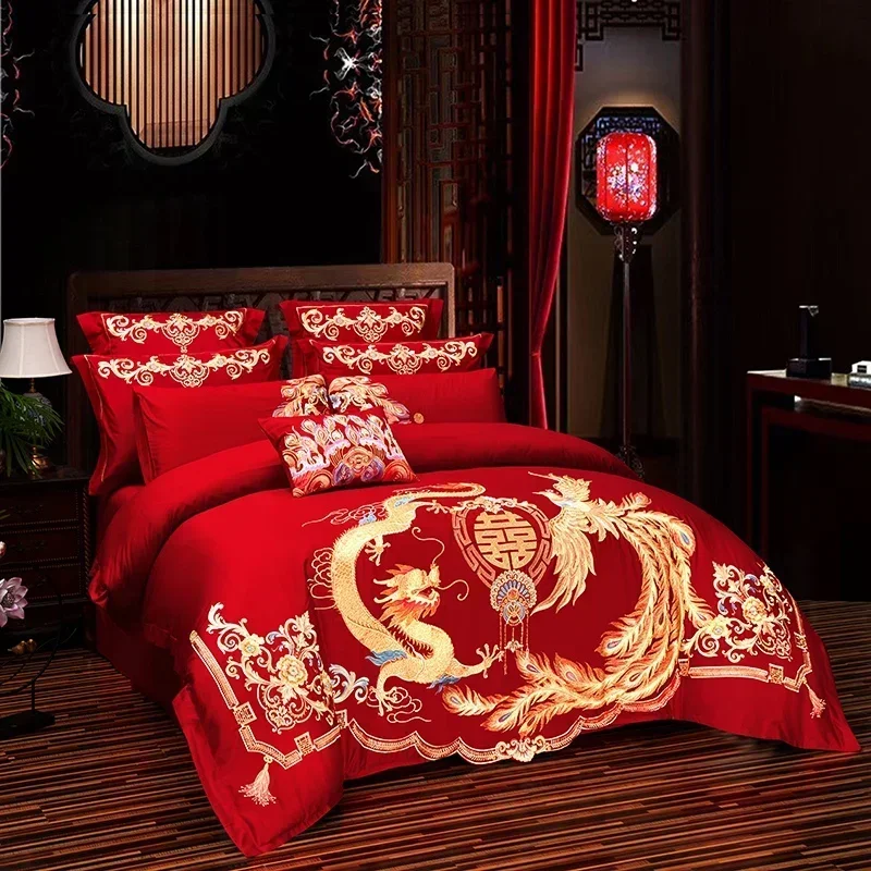 Luxury Golden Dragon Phoenix Embroidery Chinese Wedding Cotton Red Bedding Set Duvet Cover Bed Sheet Pillowcases Home Textile