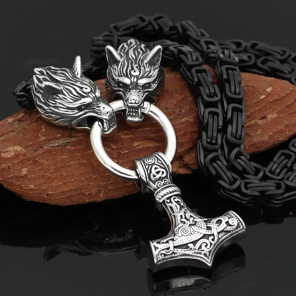 Viking Black Wolf Head Chain Stainless Steel Thor's Hammer Pendant Necklace Nordic Culture Retro Domineering Men's Necklace