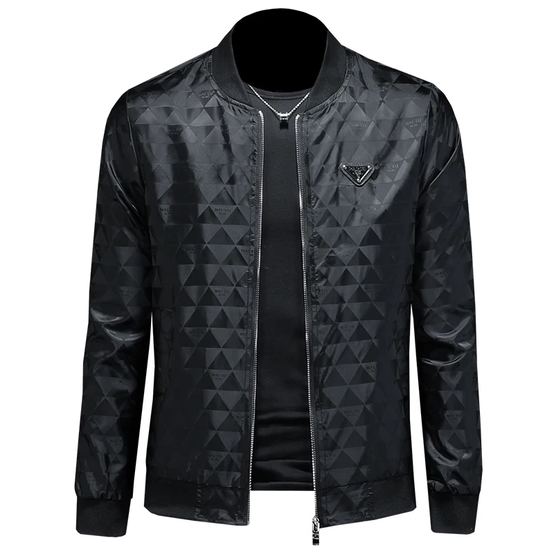 

Slim Fit Baseball Jaet for Men Early Autumn Thin Luxury Faion Diamond Pattern Baseball orm Coat Trendy Polyester Fiber