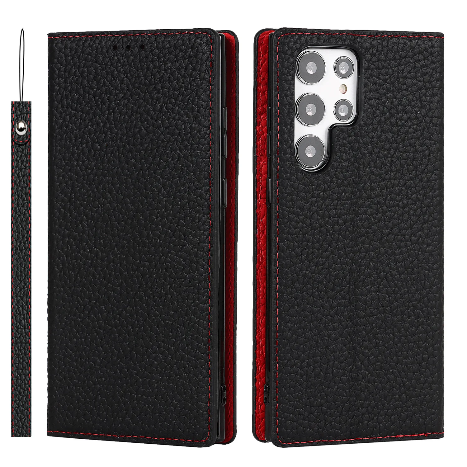 

Wallet Case for Samsung Galaxy S23/S22 Series Genuine Leather Phone Case with Wrist Strap Card Holder Kickstand TPU Shell Flip