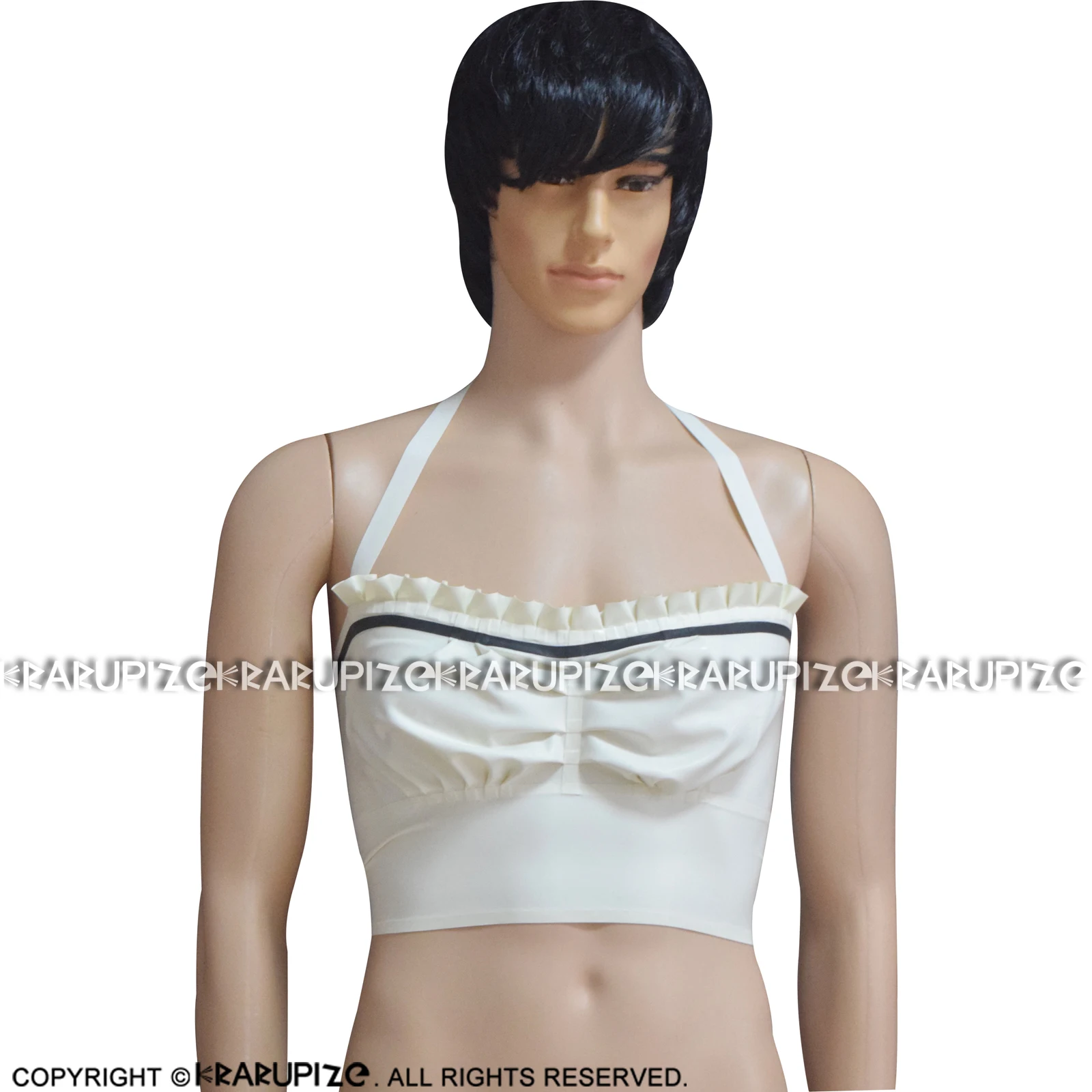 

White And Black Sexy Latex Crop Top With Trims Halter Rubber Shirt Clothing 0031