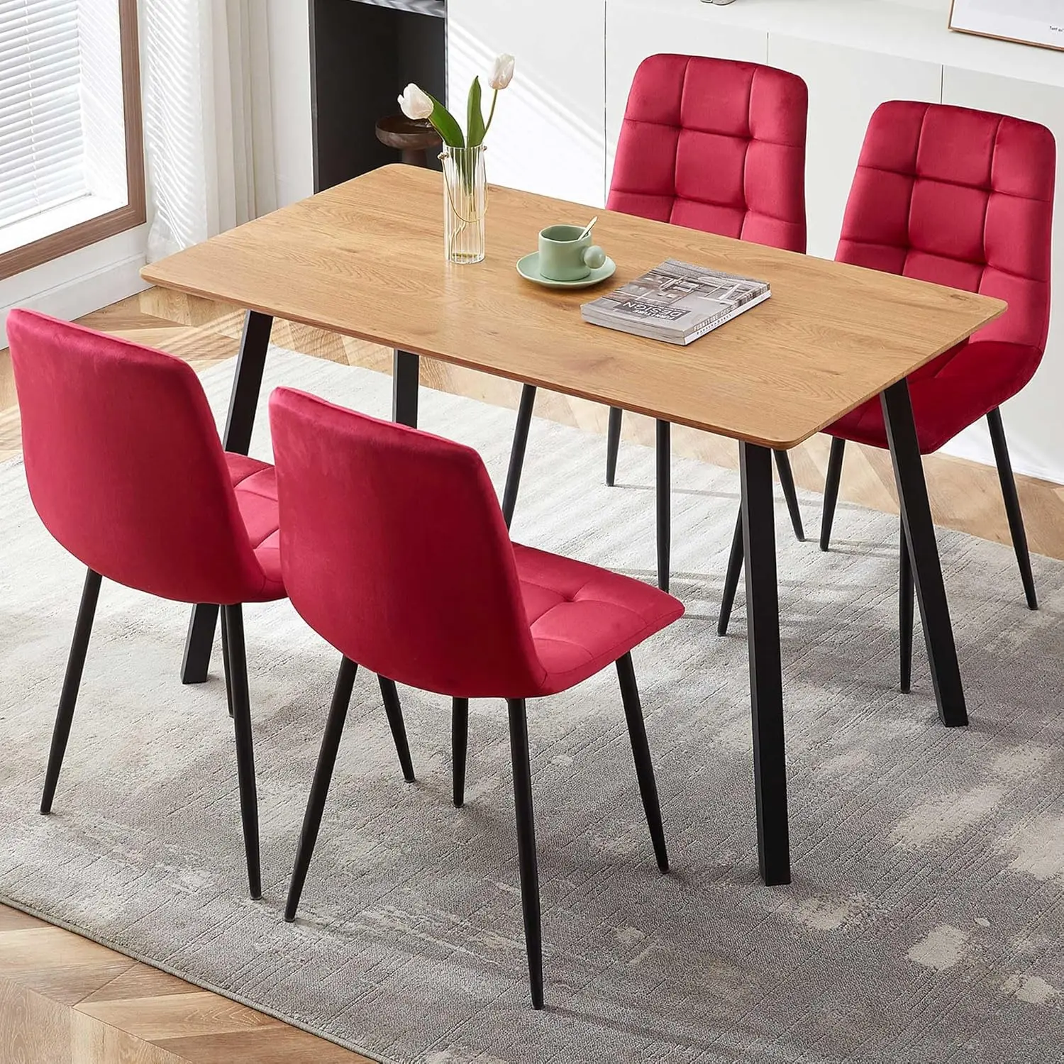 Modern Dining Table Set For 4,5-Pieces Dining Room Set,49"" Rectangle Table Stable & 4 Upholstered Velvet Dining Chair