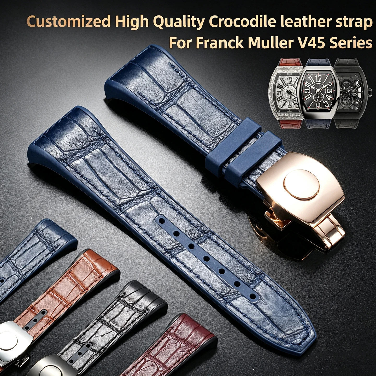 Custom High Quality Crocodile Leather Watch Strap & Waterproof Rubber Base For Franck Muller V45 Series Replacement Watch Band