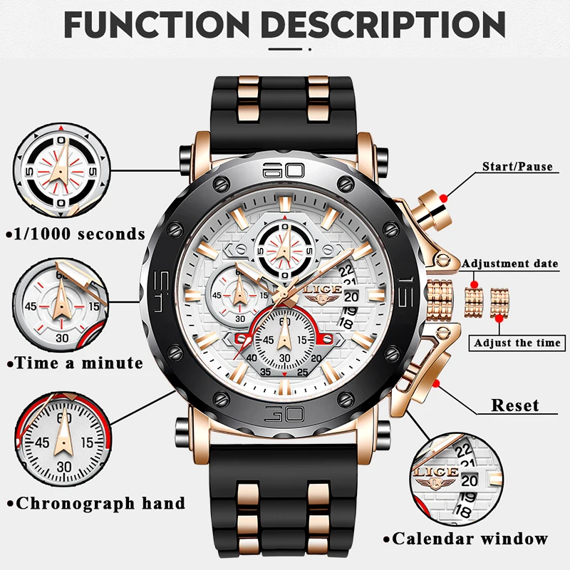 LIGE-Relógio de quartzo casual masculino, relógio militar, marca de topo, luxo, esporte, data, relógios de pulso para homens, cronógrafo, novo