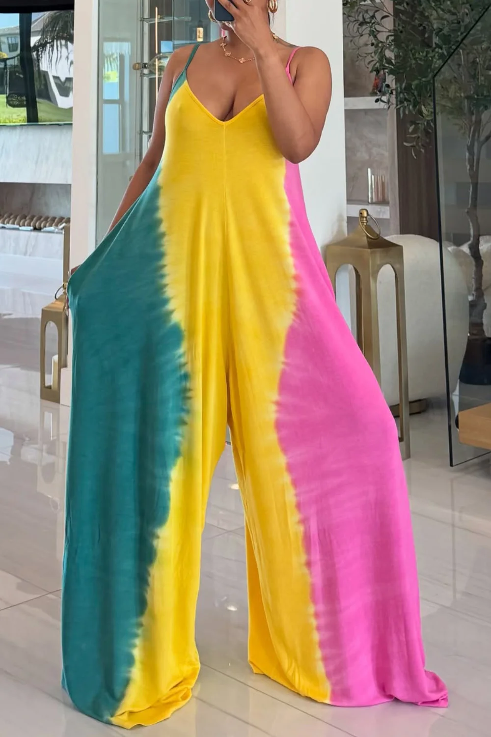 

Plus Size Vacation Multicolor Tie Dye V Neck Pocket Casual Jumpsuits