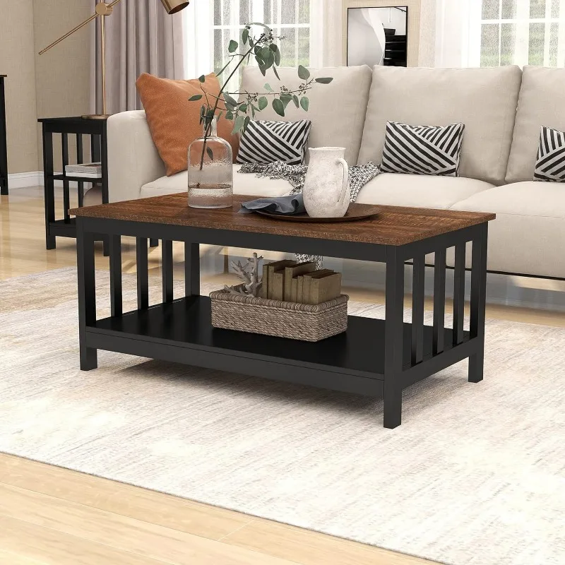 Mission Coffee Table, Black Wood Living Room Table with Shelf