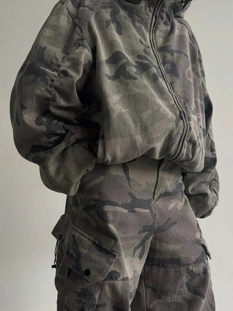 Women Camo Print Hooded Zipper Jacket Elastic Cuff Jacket Cropped Short Length Loose Puffer Winter Warm Winter Street Jackets