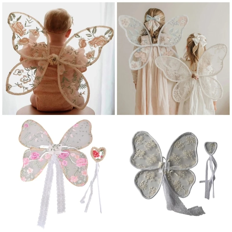 1 Set Lace Angel Wing for Little Girls with Matching Magical Stick Embroidered Photography Props for Children's Event