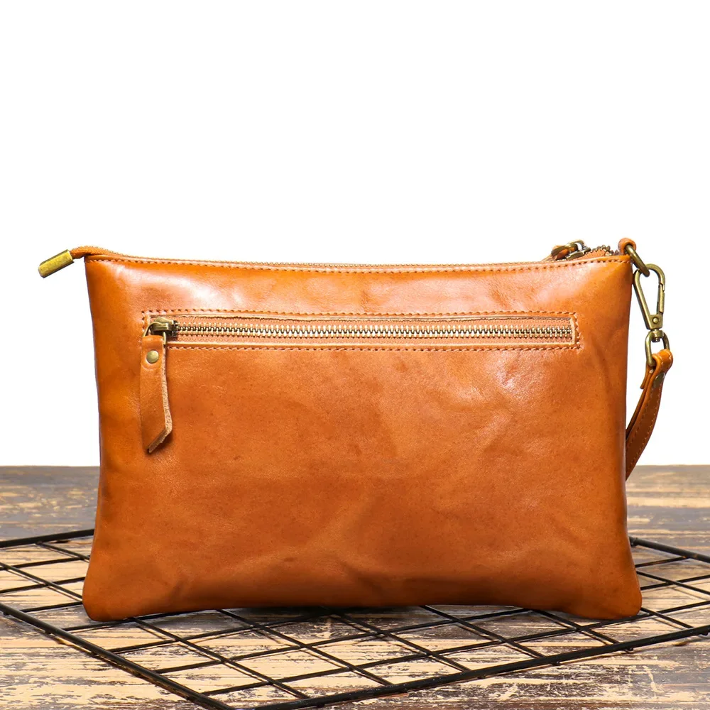 Vintage Men's Leather Clutch Handbag Handmade Vegetable-tanned Leather Document Bag Top Grain Cowhide iPad Bag Simple Wrist Bag