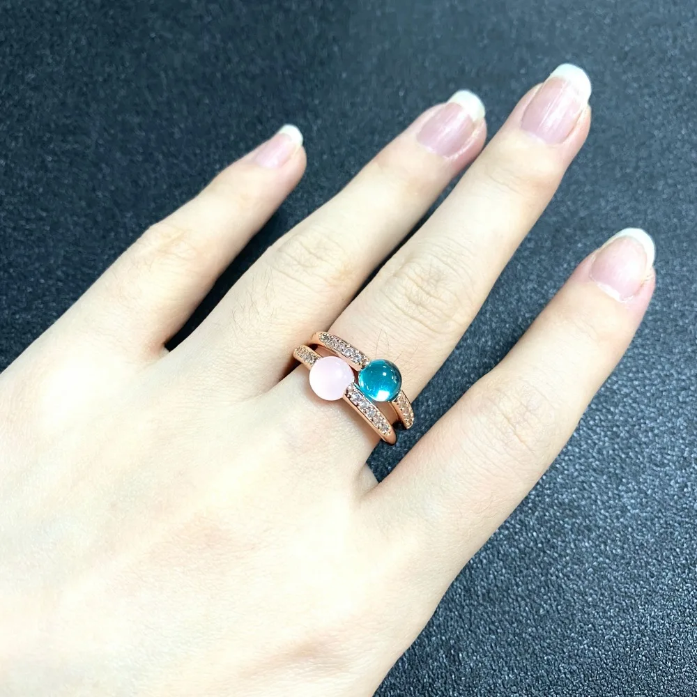 

New! 2Pcs/set Single Row Zircon Round Ring Stacked Mix Color Candy Color Ring with Zircon Turquoise Crystal Ring For Women