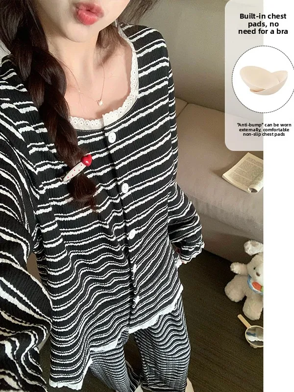 Elegant Striped Women's Sleepwear Long Sleeve Cotton Silk Set Large Size Outdoor Wearable Spring Autumn New Style with Chest Pad