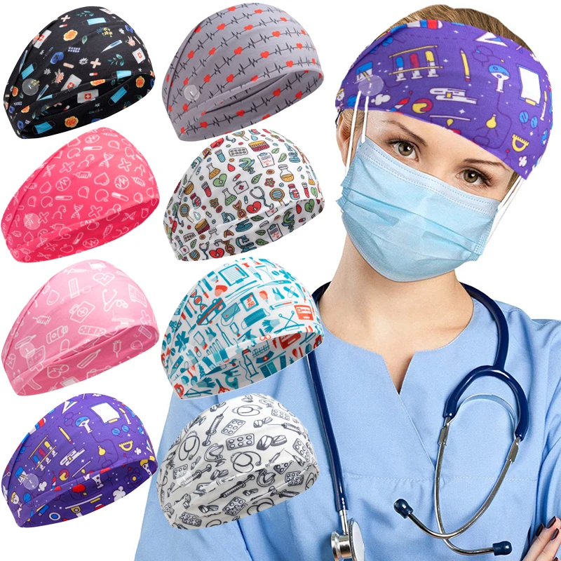 Medical Headband For Girl Buttons Hairbands Women Hair Band Printed Bandanas cute Headband Sweat -absorbing Turbans Elastic