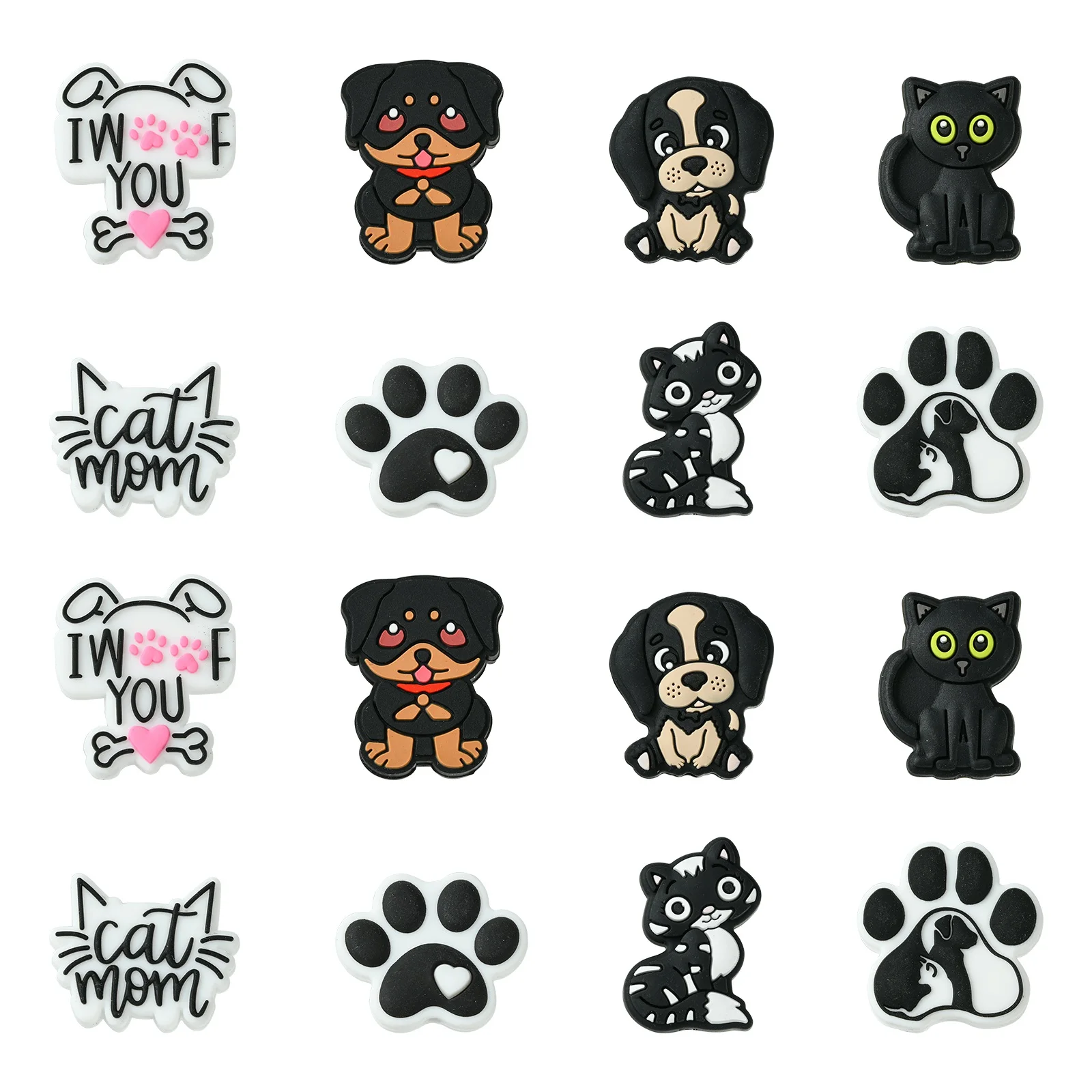 

16Pcs 8 Styles Dog &Cat Silicone Beads Animal Silicone Focal Beads Cute Paw Print Flatback Silicone Beads for Pen Jewelry Making