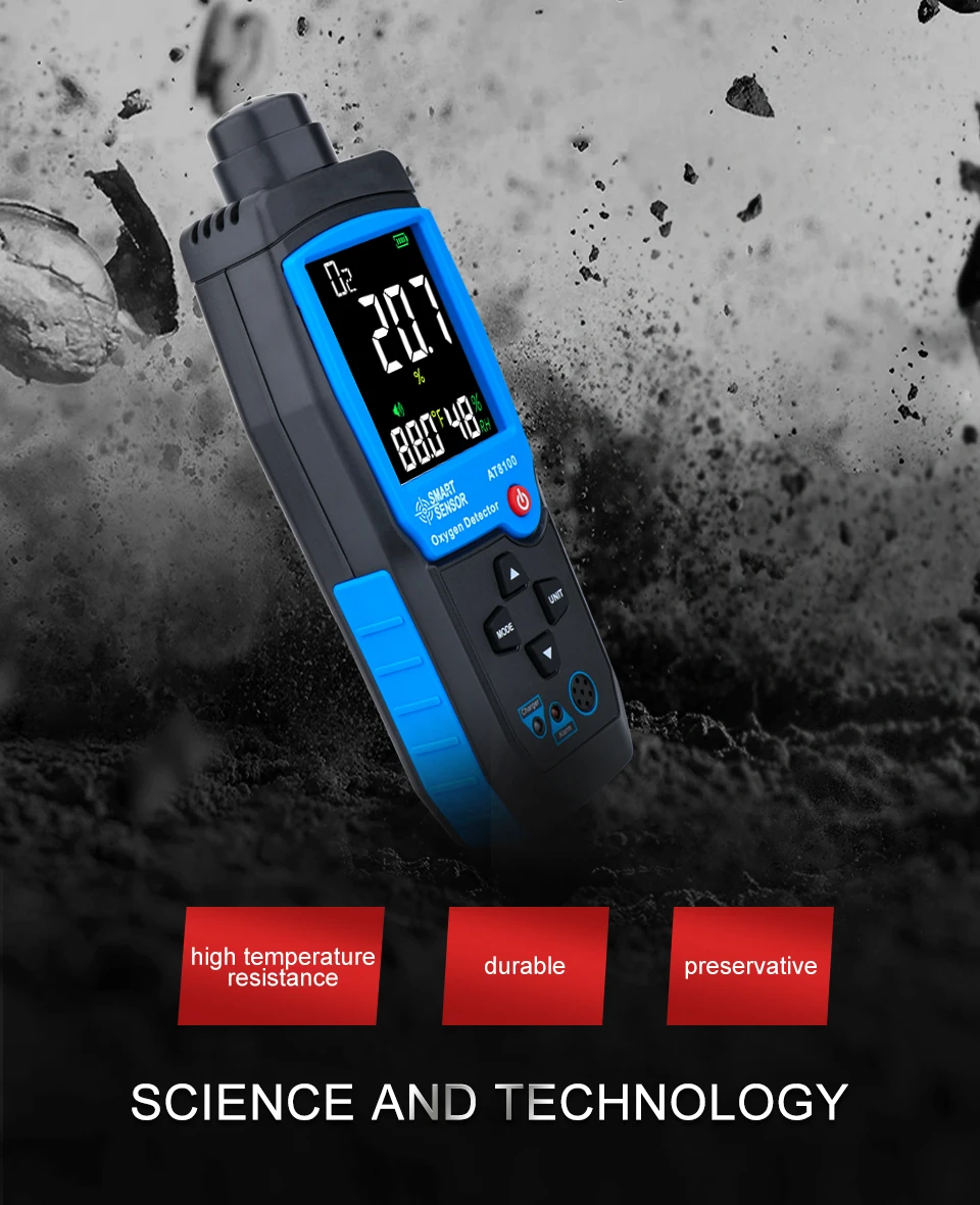Smart Sensor Digital Oxygen Meter O2 Gas Detector Sound Light Alarm Gas Monitor Air Quality Meter with Temperature LCD Display
